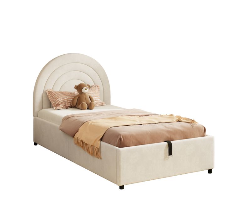 Lit Enfant Rembourré 90 X 200 Cm, Lit Simple, Rangement Hydraulique, Velours, Beige