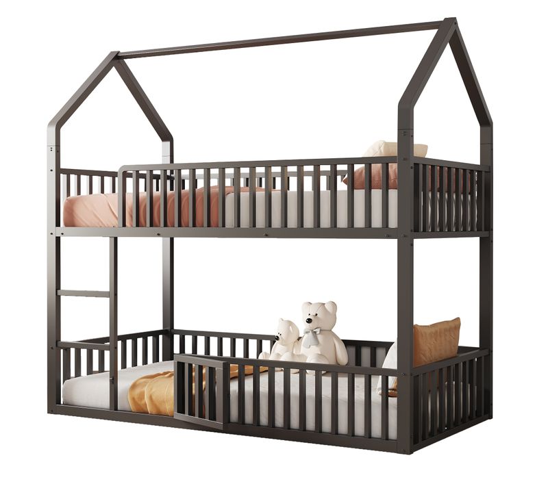Lit Superposé 90x200 Cm En Métal Maison Avec Porte, Barrières De Sécurité Et Échelle, Noir