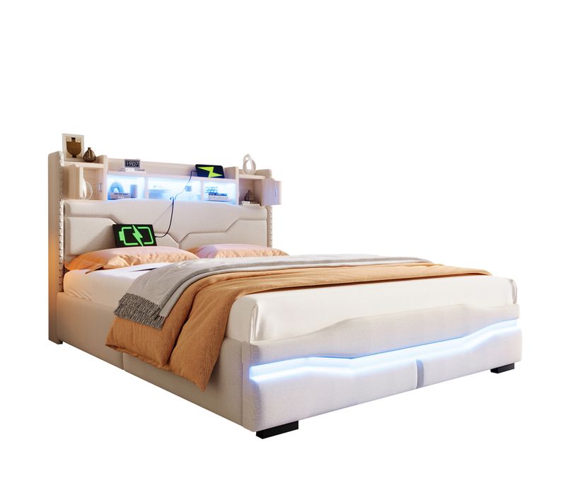 Lit Coffre 140x200 Cm 2 Places En Lin Beige, LED Et Tête De Lit Avec Rangement, Niches