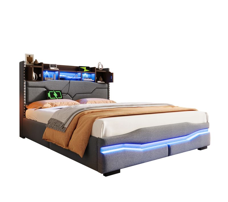 Lit Coffre 140x200 Cm 2 Places, Rangements, LED Et Tête De Lit Avec Niches Er Portes, En Lin Gris