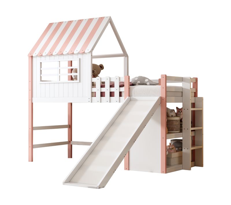 Lit Mezzanine 90x200 Cm Avec Toboggan, Échelle Et Rangements, Étagères, Lit En Bois Rose Et Blanc