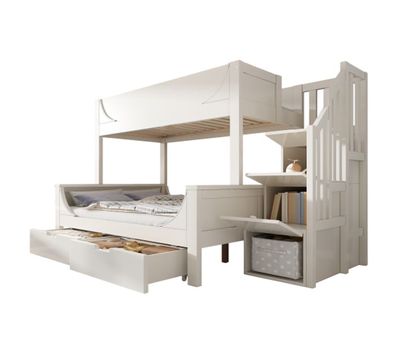 Lit Superposé 90x200 Et 140x200 Cm Avec Armoire Échelle, 2 Tiroirs, Sommier à Lattes, En Bois, Blanc