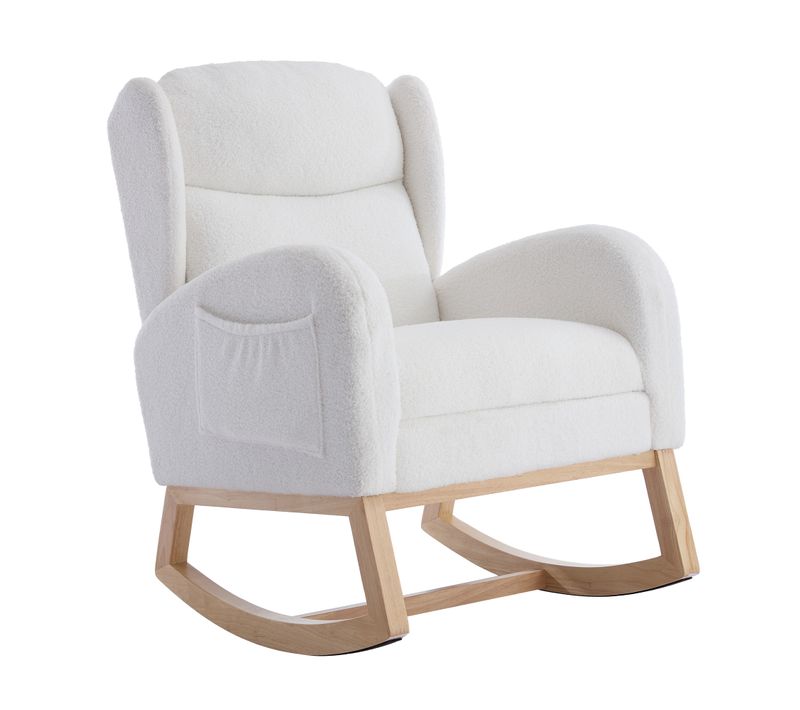 Rocking Chair122.5x70x104cm, Repose-pied Rabattable, Poches De Rangement, Tissu Teddy, Bois, Blanc