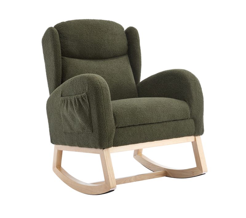 Rocking Chair122,5x70x104cm, Repose-pied Rabattable, Poches De Rangement, Tissu Teddy, Bois, Vert