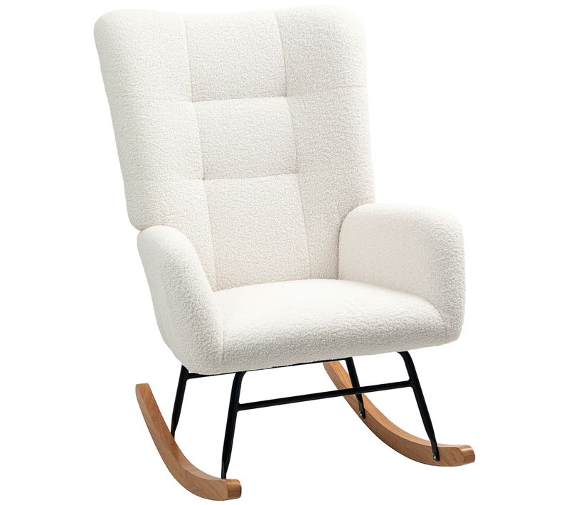 Rocking Chair94x70x100cm,fauteuil à Bascule,cadre En Métal,pieds En Bois,tissu Teddy,blanc