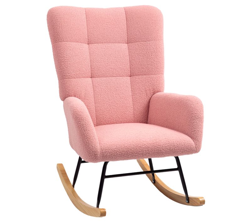 Rocking Chair94x70x100cm,fauteuil à Bascule，cadre En Métal，pieds En Bois，tissu Teddy，rose