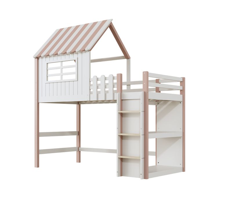 Lit Enfant Mezzanine 90x200 Cm Cabane En Bois, Étagères, Rangement, Barrière De Sécurité, Blanc/rose