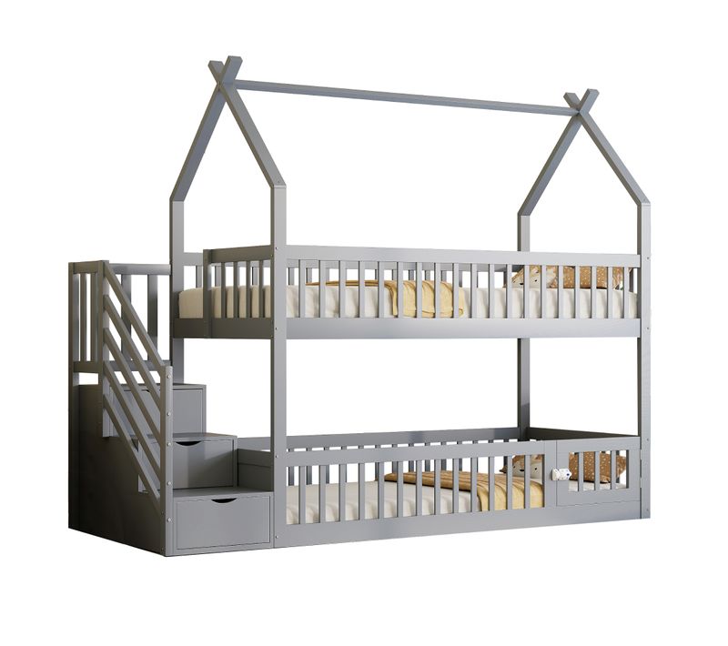 Lit Superposé Enfant 90x200 Cm Avec Escalier Et Rangement, 3 Portes, En Bois Gris Style Cabane