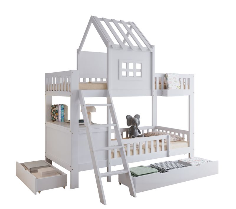 Lit Superposé Enfant 90x200 Cm Blanc Avec 2 Tiroirs, Bureau Et Rangements – Lit Cabane En Bois