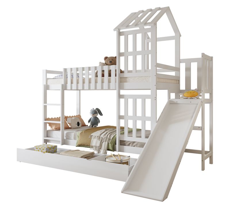 Lit Superposé Enfant 90x200 Cm Blanc Avec Toboggan, Tiroir De Rangement Et Toit Cabane En Bois