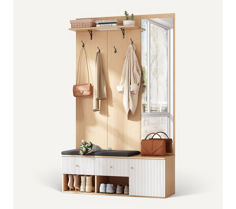 Vestiaire Bois Et Blanc, Meuble D’entrée H.200cm, Miroir, Banc, 4 Crochets, 2 Tiroirs Et Rangements
