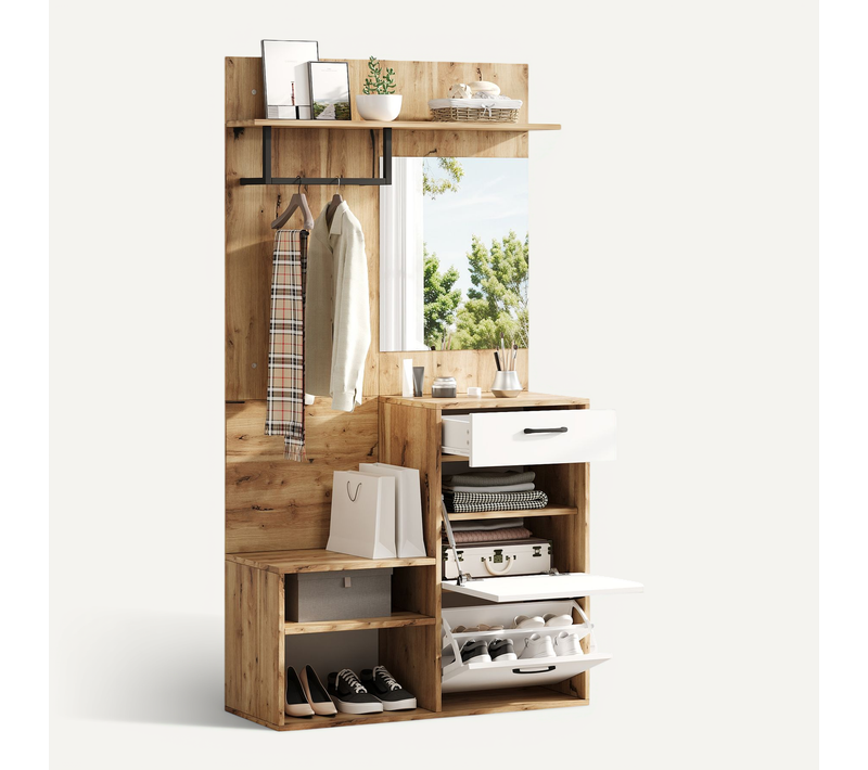 Vestiaire D’entrée Bois Et Blanc Avec Banc à Chaussures, Miroir, 2 Armoires Rabattables Et Tiroir