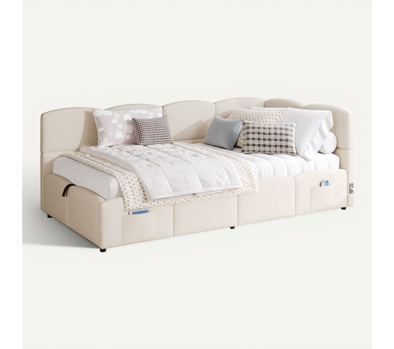 Lit Enfant Simple Coffre 90 X 200 Cm, Avec Sommier à Lattes, USB, Sac De Rangement, Velours, Beige