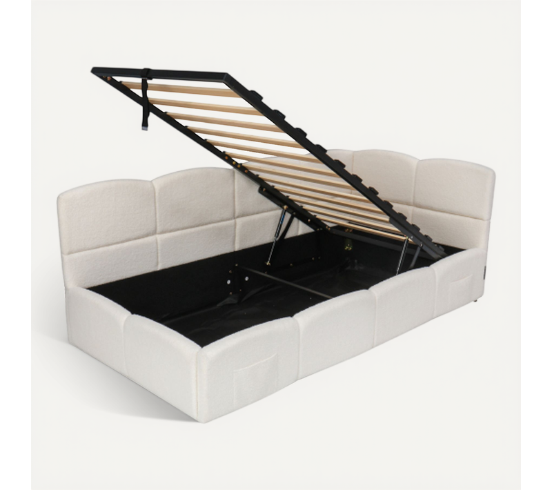 Lit Coffre Enfant 90 X 200 Cm Avec Sommier à Lattes Et Charge USB, Tissu Bouclé, Beige