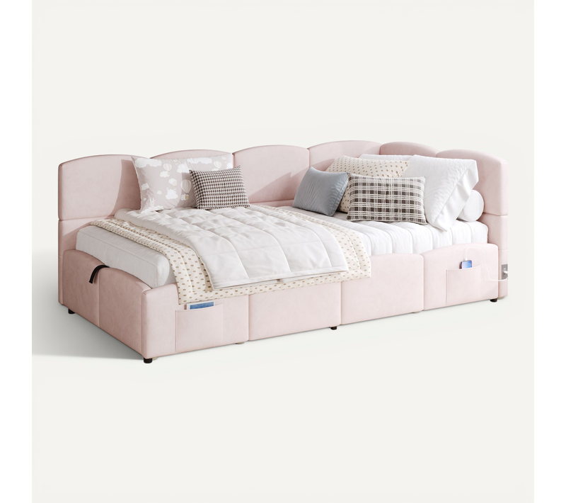 Lit Enfant Simple Coffre 90 X 200 Cm, Avec Sommier à Lattes, USB, Sac De Rangement, Velours, Rose