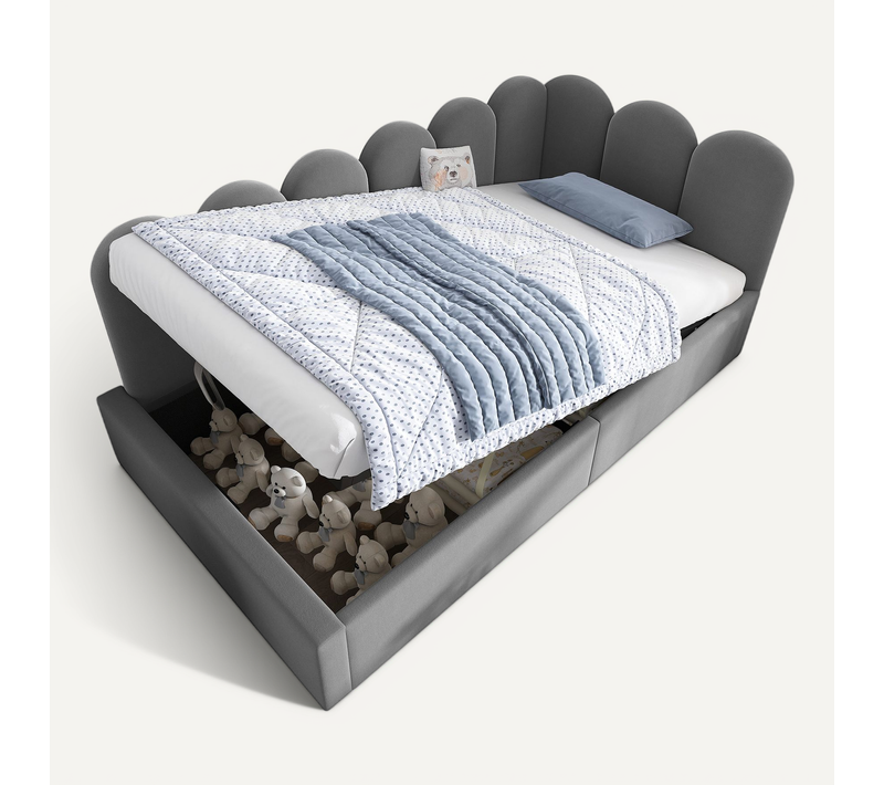 Lit Enfant Rembourré 90x190 Cm, Simple Avec Coffre Hydraulique, Sommier à Lattes Métalliques, Gris