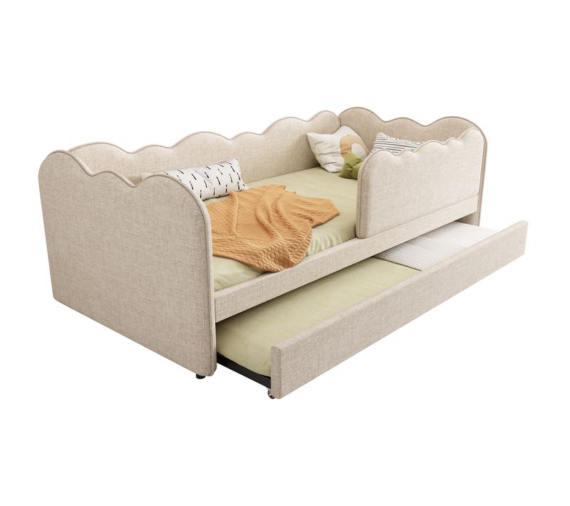 Lit Enfant Gigogne 90x190 Cm,  Avec Sommier à Lattes, Lin, Beige
