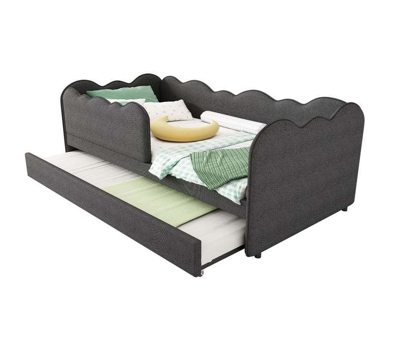 Lit Enfant Gigogne 90x190 Cm Avec Sommier à Lattes, Lin, Gris
