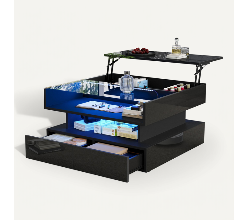 Table Basse Carrée Noire Avec Plateau Relevable, LED, 2 Tiroirs Et Finition Haute Brillance