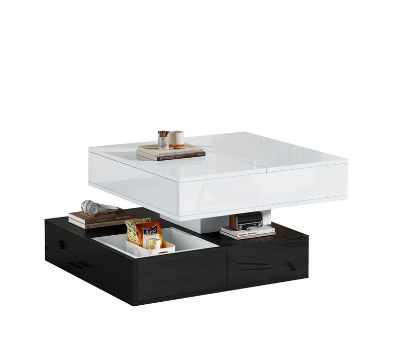 Table Basse Carrée Relevable Et Rotatif Noire Et Blanche, 3 Tiroirs Et Rangements, Haute Brillance