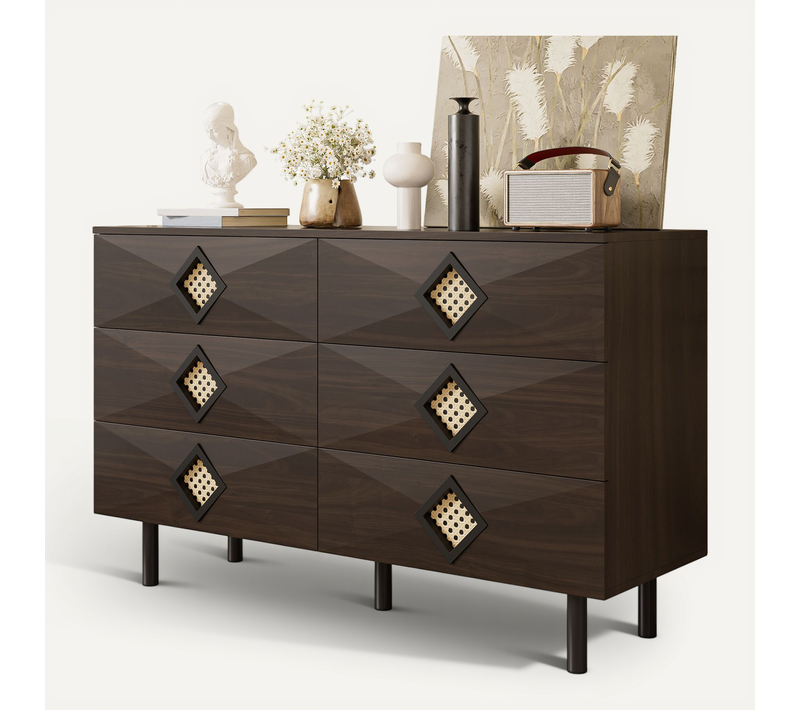 Commode, Meuble De Rangement à 6 Tiroirs Avec Poignées Rotin, Pieds Métal