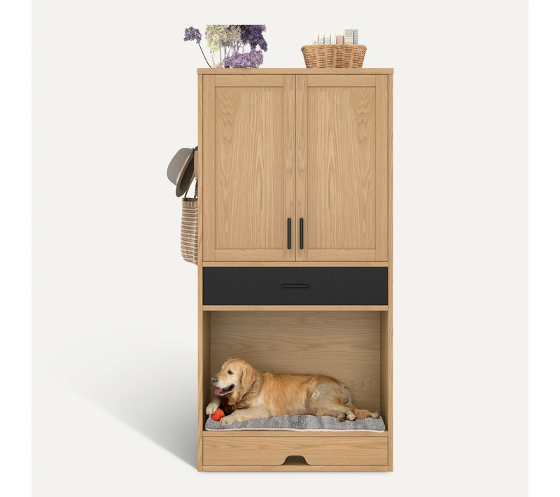 Buffet Haut.160cm Meuble D’entrée Avec Lit Et Bols Pour Animaux Et Rangement, Tiroir Et 2 Portes