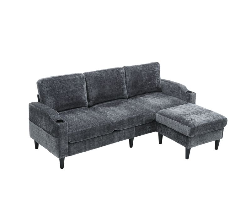 Canapé 4 Places Avec Repose-pieds De Rangement, Porte-gobelets Et Cadre Bois-métal, Tissu Gris