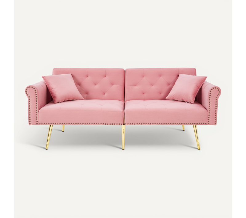 Canapé Convertible, 173*75*70cm, Dossier Réglable En Velours, Pied Doré En Métal, Accoudoir, Rose