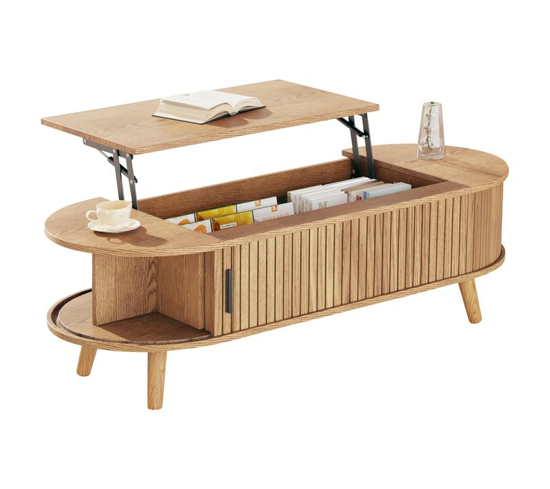Table Basse, 120×50×39,5cm, Plateau Relevable, Compartiment Dissimulé, Pied, En Mdf Couleur Bois
