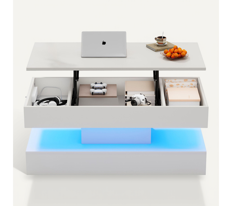 Table Basse, 100*50*42cm, Table De Salon Avec LED, Rangement Caché, Plateau Relevable, En Pb, Blanc