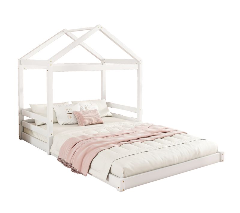 Lit Cabane, 140x200 Cm, Lit Enfant En Forme De Maison, Sommier à Lattes Inclus, En Pin Et Mdf, Blanc