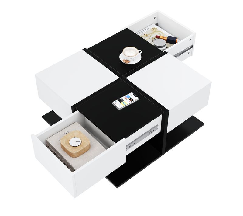 Table Basse Carrée, 70×70×35,5cm, 2 Tiroirs Et Glissières, Base Robuste, En Pb, Noir Et Blanc