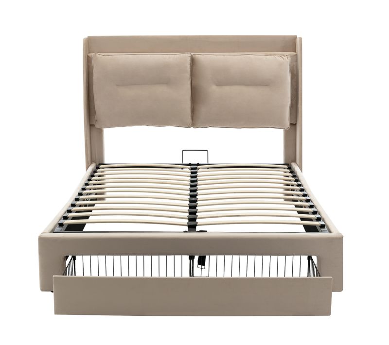 Lit Coffre, 140*190cm, Lit Adult Avec LED, Lit Double, Dossier, Tiroir, En Velours, Beige