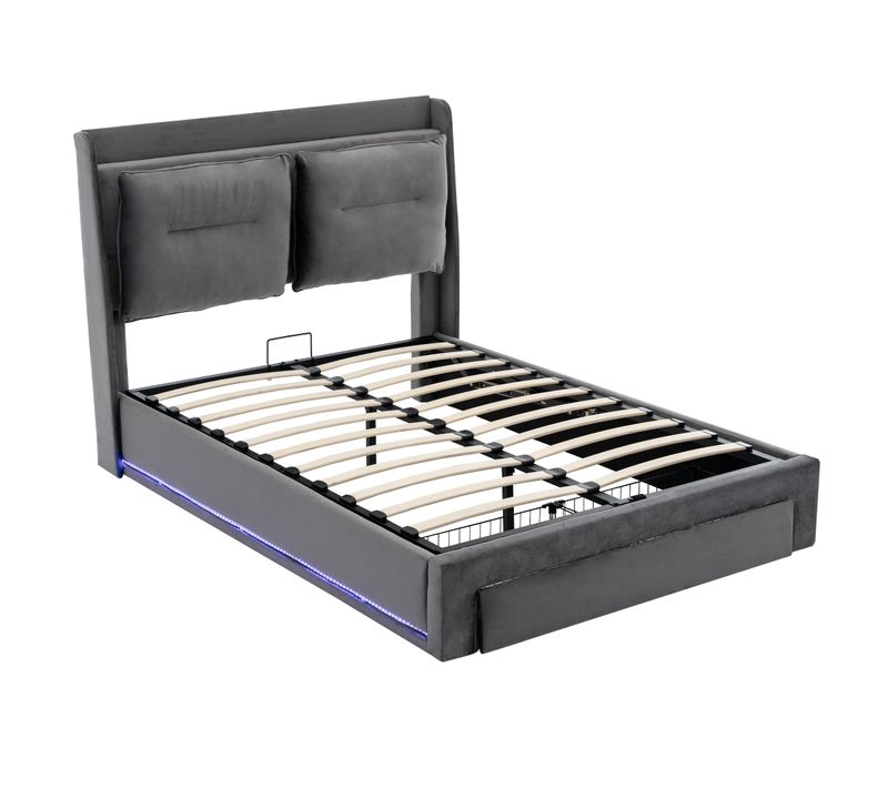 Lit Coffre, 160*200cm, Lit Adult Avec LED, Sommier à Lattes, Dossier Doux, Tiroir, En Velours, Gris