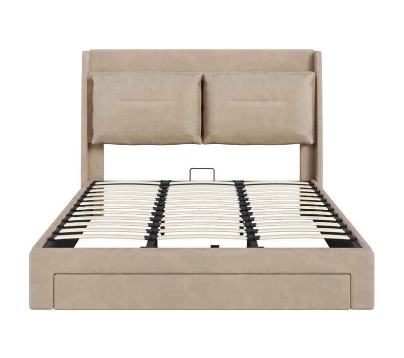 Lit Coffre, 180*200cm, Lit Adult Avec Éclairage LED, 2 Dossiers Doux, 1 Tiroir, En Velours, Beige