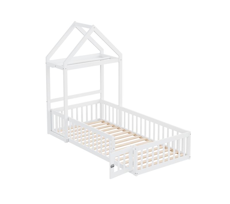 Lit Cabane 90x200cm, Lit Enfant Forme Toit, Barrière, Porte, Lattes Et Étagère, En Pin Et Mdf, Blanc