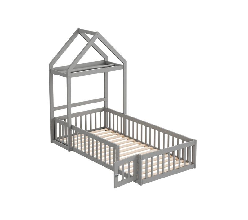 Lit Cabane 90x200cm, Lit Enfant Avec Barrière, Porte, Lattes, Étagère, Forme Toit, En Pin, Mdf, Gris