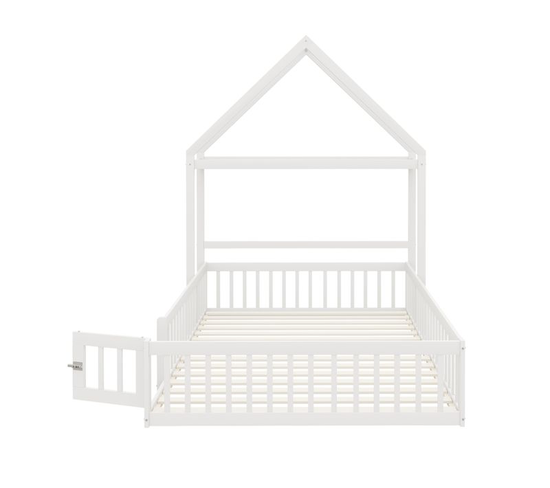 Lit Cabane 140×200cm, Lit Enfant Avec Barrière, Porte, Lattes, Étagère, En Pin Et Mdf, Blanc