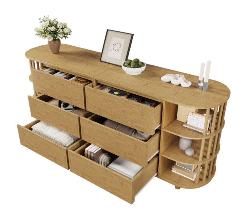 Commode à 6 Tiroirs Avec Colonnes Et Étagères En Bambou, Pieds Réglables En Hauteur, Chêne