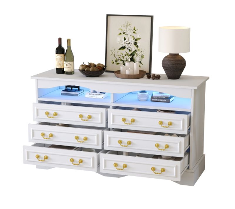 Commode à 6 Tiroirs, Commode De Salon, Avec Bande Lumineuse LED, Rangement Semi-ouvert, Blanc