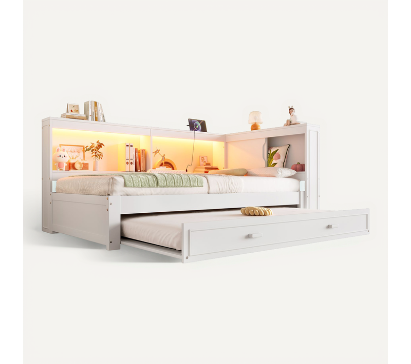 Lit 90x200cm Avec Lit Gigogne 90x190cm , Ports USB Et LED, Rangements Fermés Et Ouverts, Bois Blanc