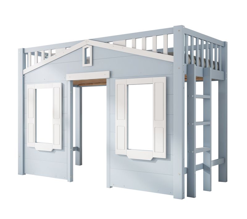 Lit Mezzanine Enfant 90x200 Cm Bleu Avec Espace De Jeu Et Escalier Modulable, En Bois
