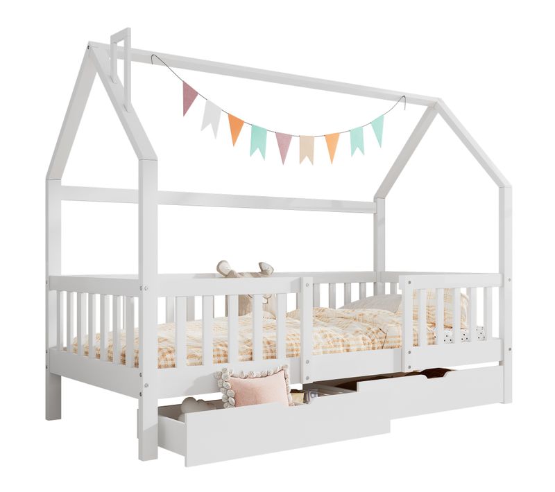 Lit Enfant Cabane 90x200 Cm Avec Barrières De Sécurité Et 2 Tiroirs De Rangement, Bois De Pin Blanc