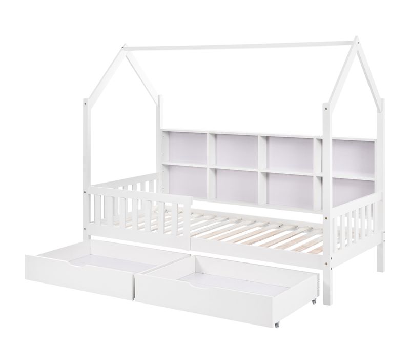 Lit Cabane 90x200 Cm Avec 2 Tiroirs Et Étagères, Maison En Bois Blanc Et Rangement