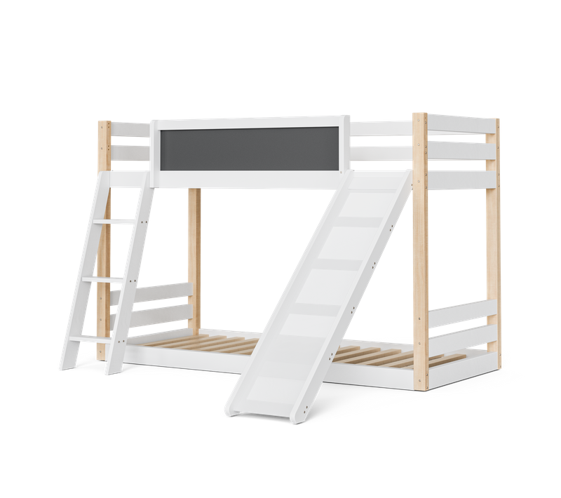 Lit Superposé Enfant 90×200cm En Bois Blanc Avec Escalier Et Toboggan, Sécurité, Tableau Noir