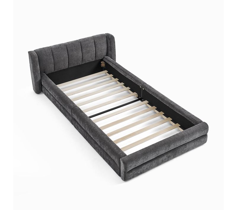 Lit Enfant 90x200 Cm, Tête De Lit Oreilles Et Sommier, Lit Bas Au Sol Sans Pieds, Tissu Gris Foncé