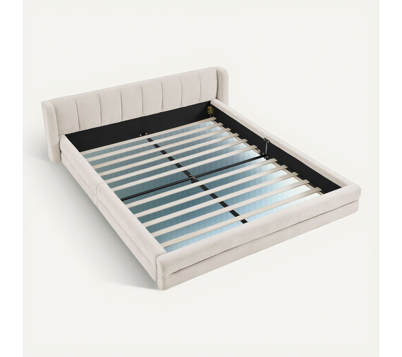 Lit Adulte 140x200 Cm 2 Places En Tissu Beige Avec Tête De Lit Oreilles Et Cadre Bas Au Sol