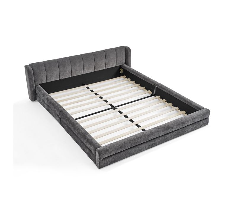 Lit 140x200 Cm En Tissu, Tête De Lit Oreilles Et Sommier à Lattes, Cadre Bas Au Sol, Gris Foncé