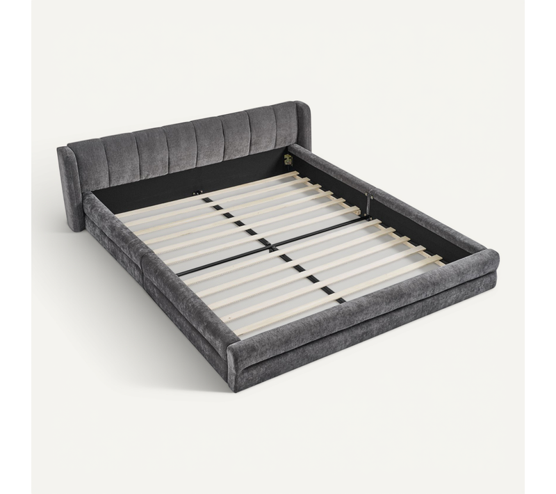 Lit Adulte 160x200 Cm Chenille Gris Foncé, Tête De Lit à Oreilles, Structure Bas Métal-bois
