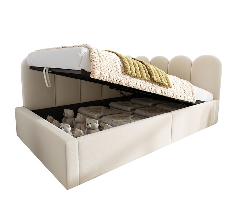 Lit 90x200cm, Lit Simple, Lit Enfant, Lit Coffre, Sommier, Design Simple, Velours, Métal,beige